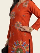 Powder Coral Handcrafted Chikankari Kurti (No. 044) — Artisanal Detail View