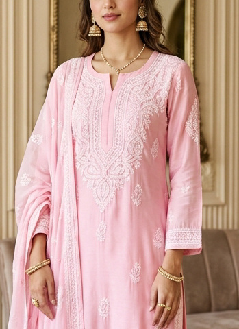 Emerald Forest Handcrafted Chikankari Kurti (No. 063) — Artisanal Detail View