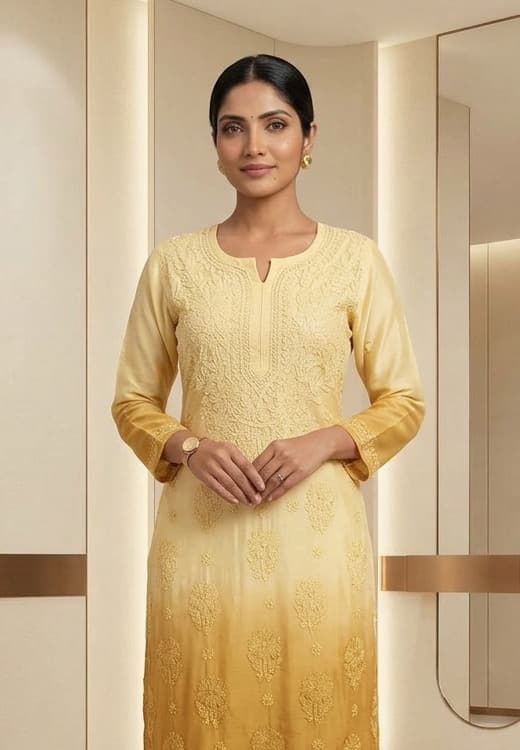 Buttercup to Golden Ochre Ombre Chikankari Kurti