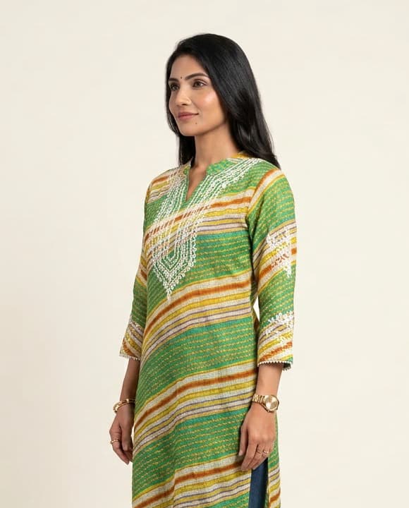 Emerald Forest Handcrafted Chikankari Kurti (No. 043) — Secondary Angle