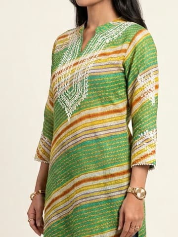 Emerald Forest Handcrafted Chikankari Kurti (No. 043) — Artisanal Detail View