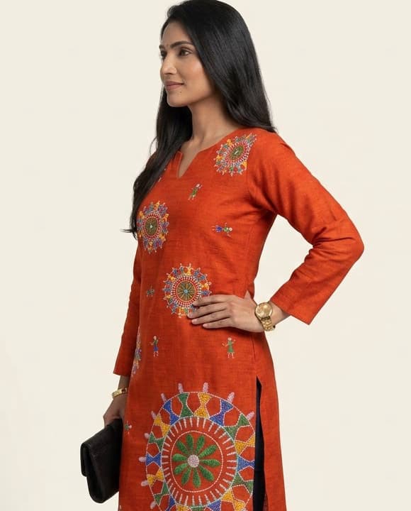 Powder Coral Handcrafted Chikankari Kurti (No. 044) — Secondary Angle