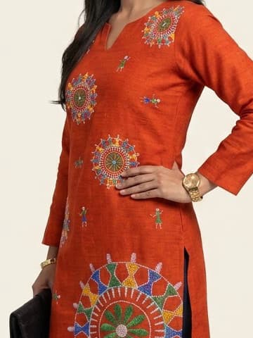 Powder Coral Handcrafted Chikankari Kurti (No. 044) — Artisanal Detail View