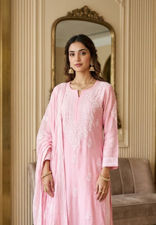 Emerald Forest Handcrafted Chikankari Kurti (No. 063) — Secondary Angle