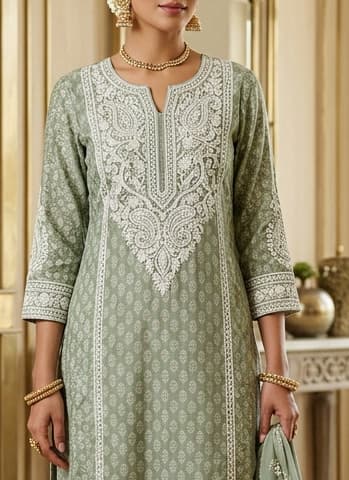 Indigo Blue Handcrafted Chikankari Kurti (No. 067) — Artisanal Detail View