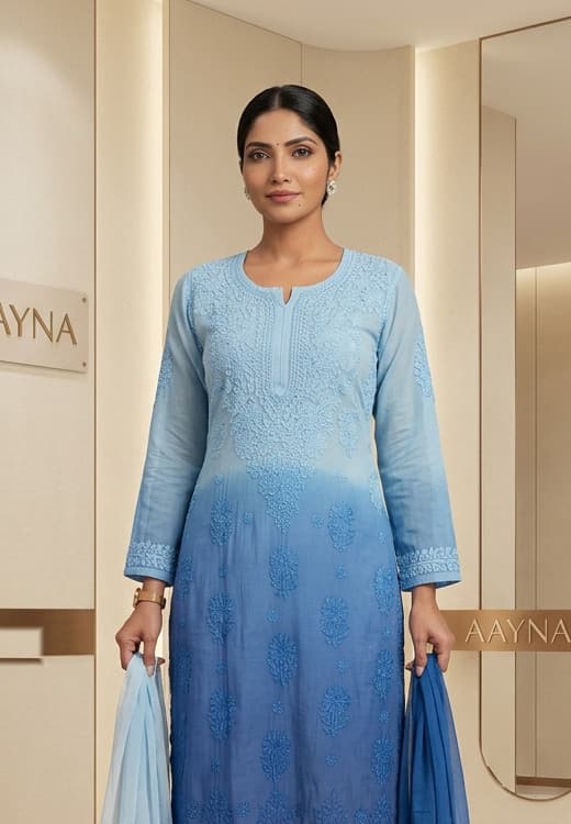 Royal Sapphire Handcrafted Chikankari Kurti (No. 070) — Secondary Angle