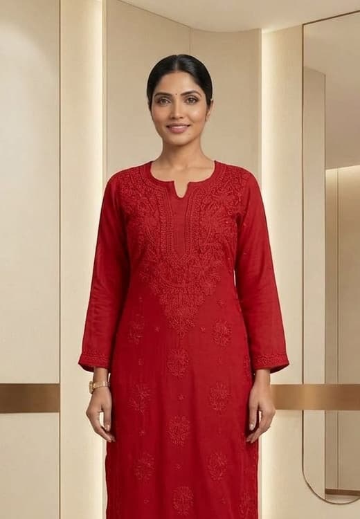 Powder Coral Handcrafted Chikankari Kurti (No. 074) — Secondary Angle