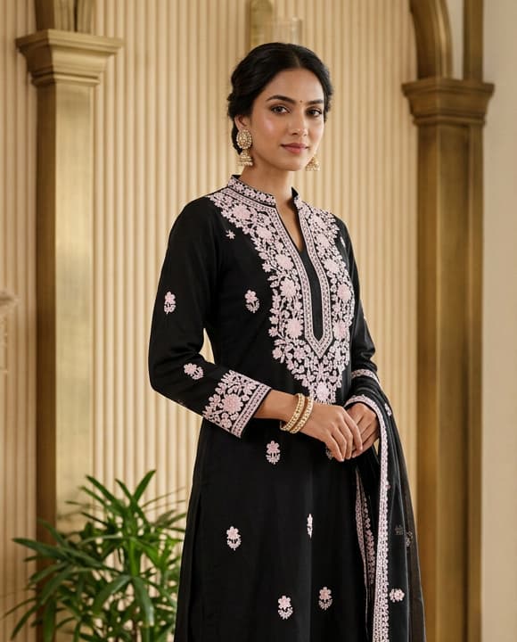 Emerald Forest Handcrafted Chikankari Kurti (No. 083) — Secondary Angle