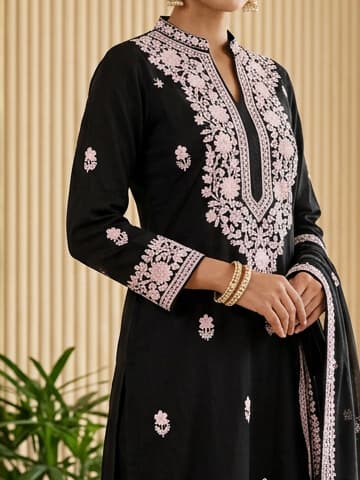 Emerald Forest Handcrafted Chikankari Kurti (No. 083) — Artisanal Detail View