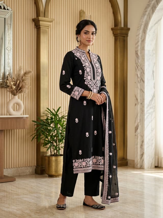 Emerald Forest Handcrafted Chikankari Kurti (No. 083) — Primary Hero View