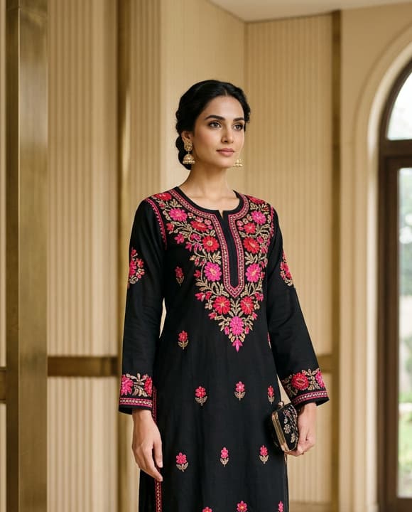 Powder Coral Handcrafted Chikankari Kurti (No. 084) — Secondary Angle