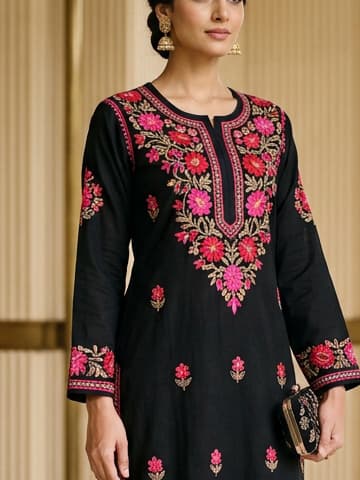 Powder Coral Handcrafted Chikankari Kurti (No. 084) — Artisanal Detail View