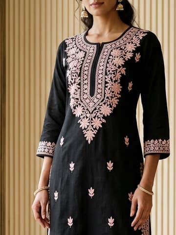 Peacock Teal Handcrafted Chikankari Kurti (No. 089) — Artisanal Detail View