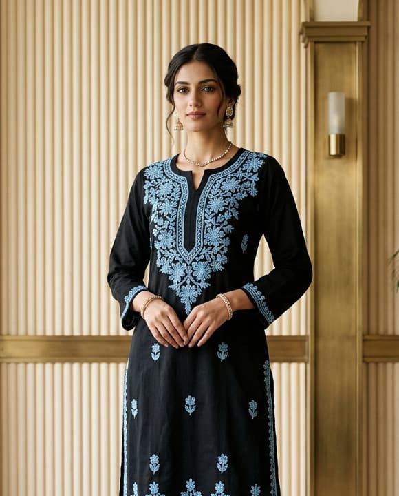 Ochre Mustard Handcrafted Chikankari Kurti (No. 091) — Secondary Angle