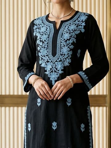 Ochre Mustard Handcrafted Chikankari Kurti (No. 091) — Artisanal Detail View