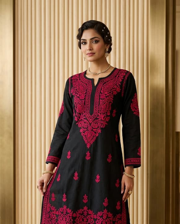 Rani Fuchsia Handcrafted Chikankari Kurti (No. 092) — Secondary Angle