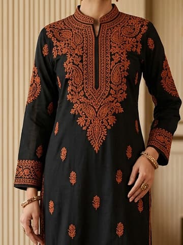 Powder Coral Handcrafted Chikankari Kurti (No. 094) — Artisanal Detail View