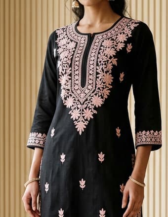 Plum Wine Handcrafted Chikankari Kurti (No. 095) — Artisanal Detail View