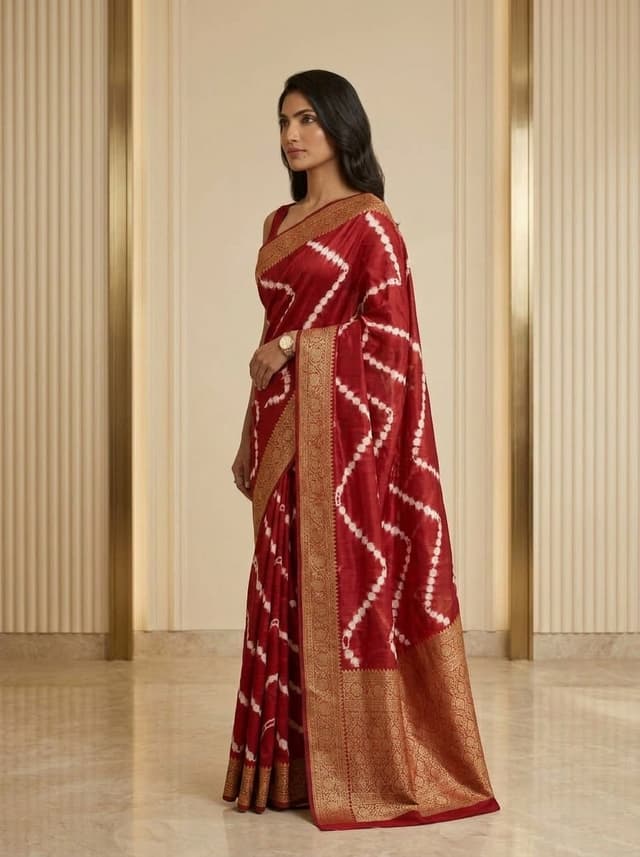 Crimson Red Handcrafted Bandhani Festive Saree (No. 001) — Secondary Angle