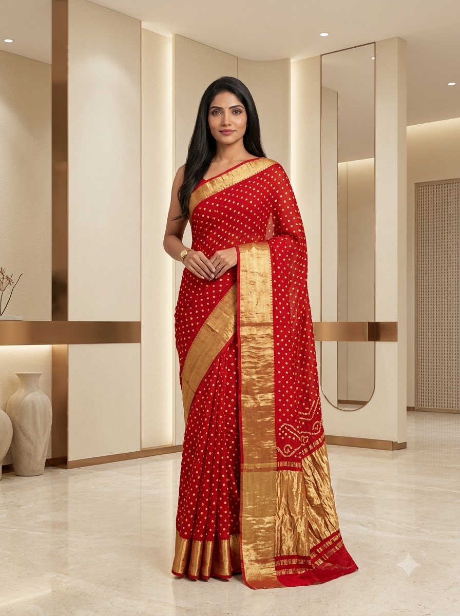 Crimson Red Bandhej Saree