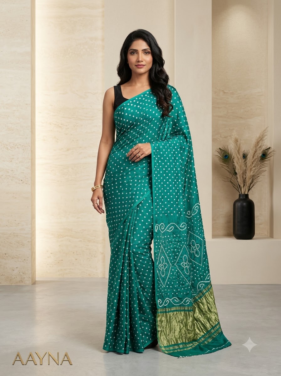 Peacock Teal Green Bandhani Georgette Saree