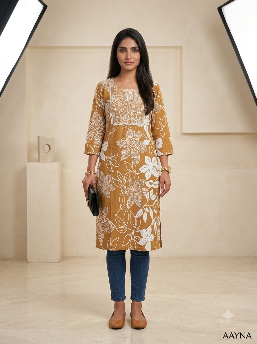 Ochre Mustard Chikankari Yoke Cotton Kurti