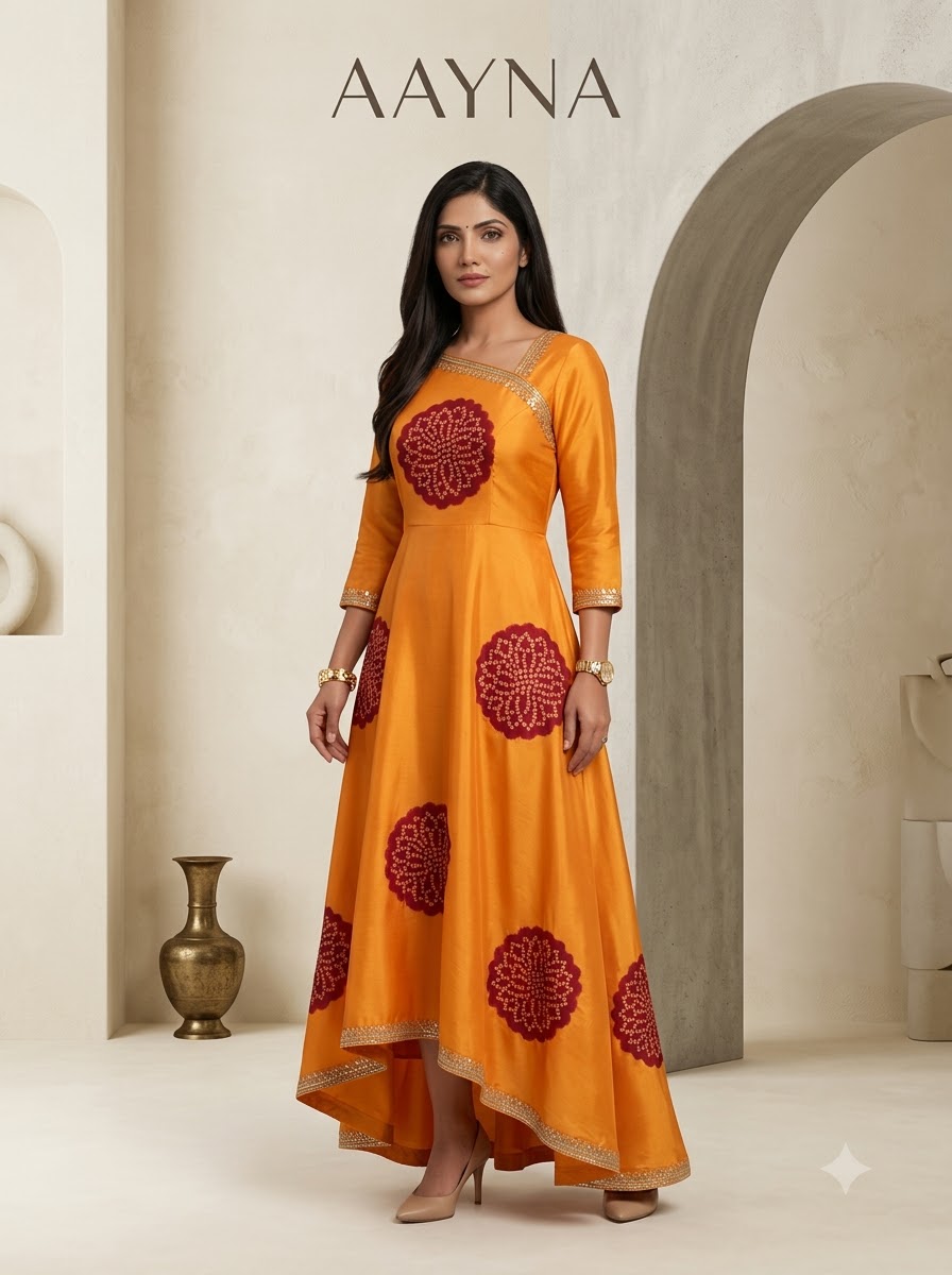 Tangerine Orange Asymmetric High-Low Bandhani Dress