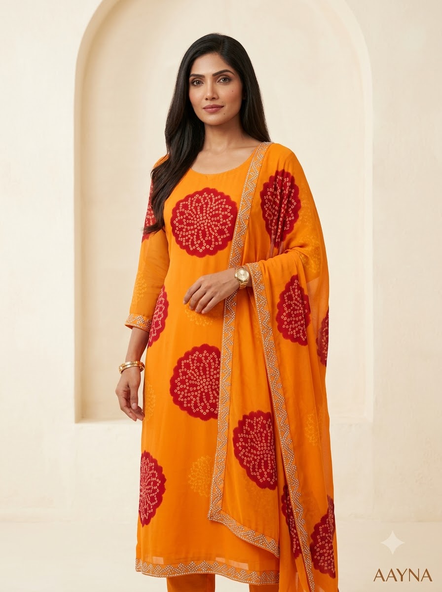 Tangerine Orange & Maroon Bandhani Straight Kurti Suit