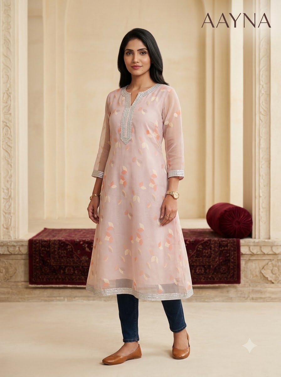 Blush Pink Leaf-Motif Chanderi A-Line Kurti