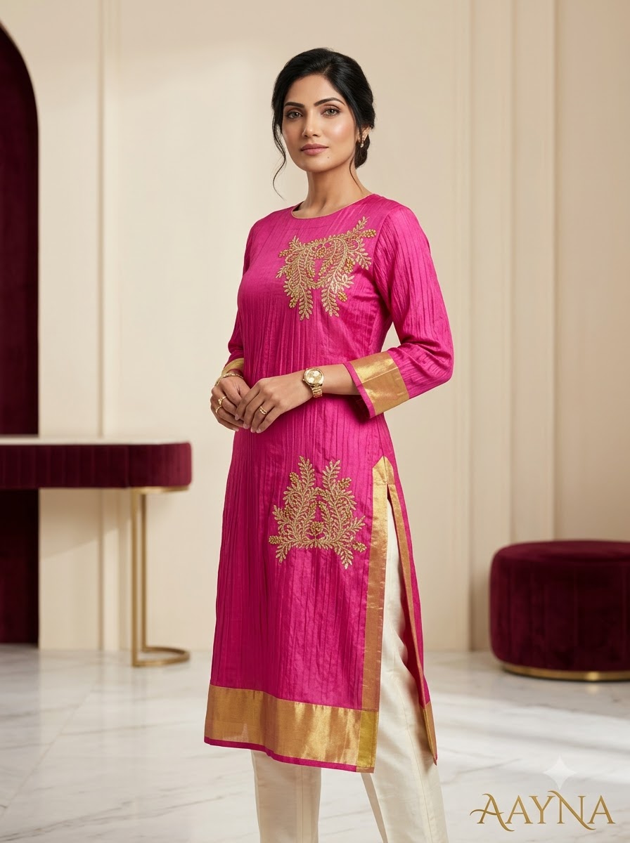 Fuchsia Pink Raw Silk Kurti with Gold Zari Foliage