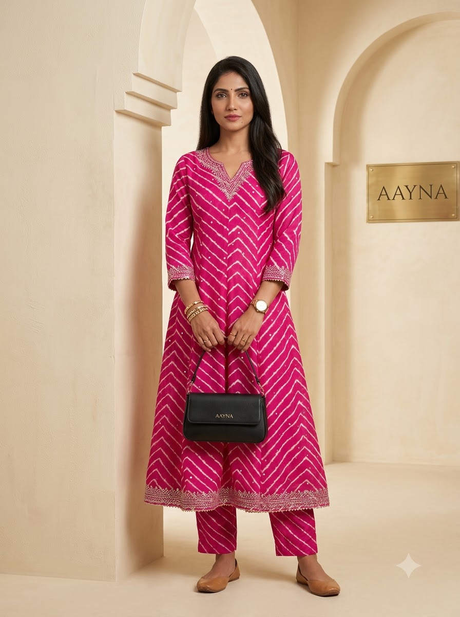 Rani Pink Flared A-Line Leheriya Kurti & Pants Set