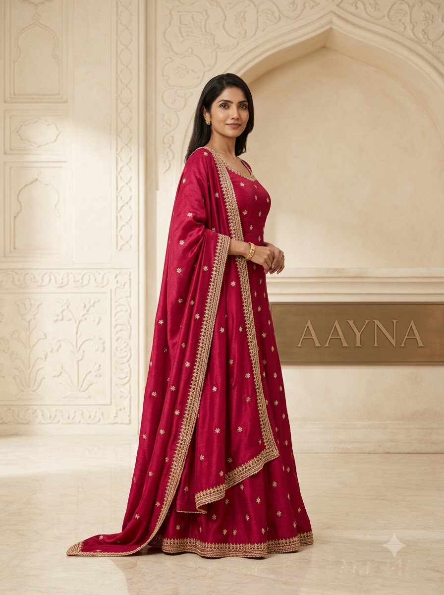 Crimson Silk Anarkali Gown with Heavy Zari Dupatta
