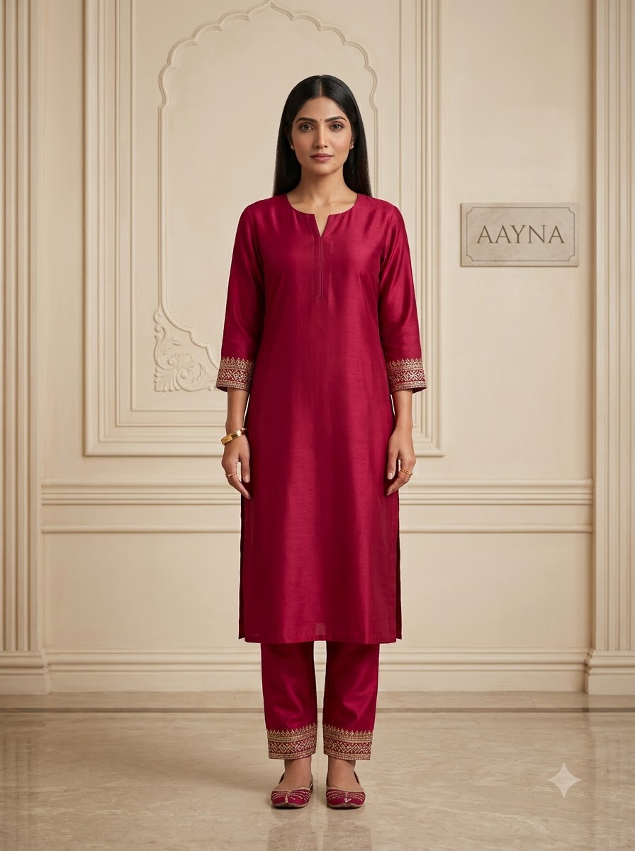 Crimson Raw Silk Straight Kurti & Embroidered Trouser Set