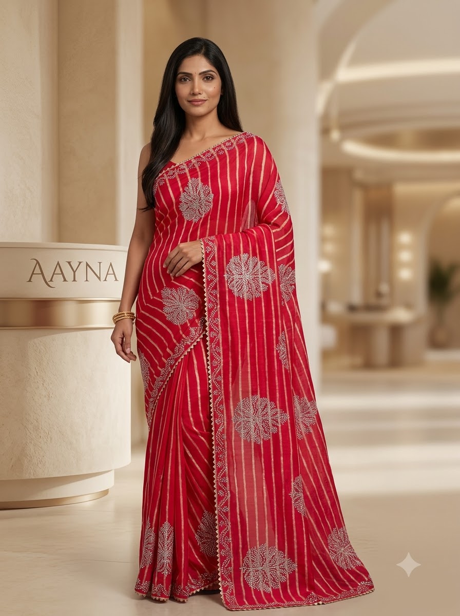 Vermillion Red Leheriya Striped Saree